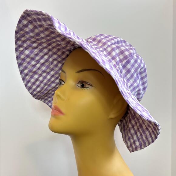 Vintage 60s Lilac Gingham Cottage Prairie Floppy Sun Hat - Picture 2 of 6
